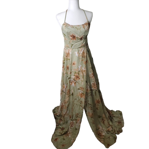 New Lulu's Mood of the Night Sage Green Floral Print Maxi Dress Size M - Picture 1 of 12